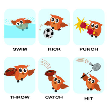 verb word vector background for preschool.verb set (swim kick punch throw catch hit).vector illustration.