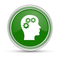 Grüner Button - Kopf mit Zahnräder - Überlegen