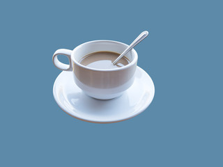 Hot coffee mug with saucer and a spoon isolated on blue background with clipping path.