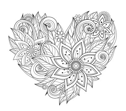 Vector Monochrome Floral Composition in Heart Shape