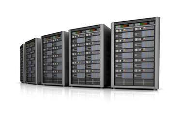 Row of network servers in data center isolated on white background . 3D illustration