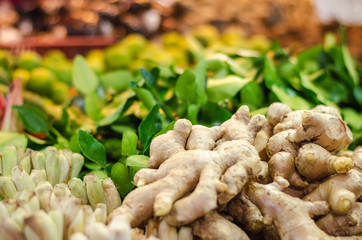 ginger display at fresh market stall.