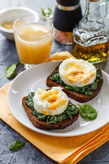 Healthy sandwich with spinach and poached eggs