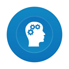 Runder 3D Button - Gesicht mit Zahnrädern - Gehirnjogging