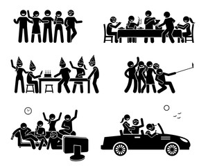 Happy Friends Hanging Out Together. Artworks depict a group of friend eating and dining, having a birthday party, taking a group selfie photo, watching TV, and going on a car trip together. - obrazy, fototapety, plakaty