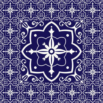 Tiles floor - vintage pattern vector with ceramic cement tiles. Big tile in center is framed in small. Background with portuguese azulejo, mexican talavera, moroccan, spanish, delft dutch motifs.