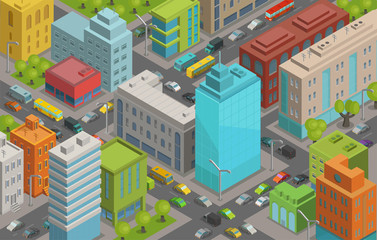 Buildings city streets roads and traffic isometric 3d vector illustration City landscape, top view.