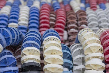 Swimming lanes stored away on a big rollers. Shallow depth of field.