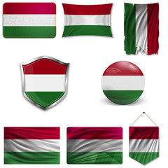 Set of the national flag of Hungary in different designs on a white background. Realistic vector illustration.