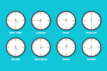 Vector illustration of set time zone clocks