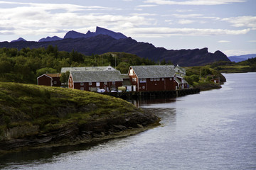 Houses and docks at Henningsfaer in the  Lofoton Islands, Norway