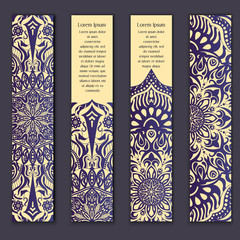 Card set with floral lace decorative mandala elements background. Asian Indian oriental ornate banners