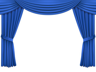 Background with luxury blue silk velvet curtains and lambrequin