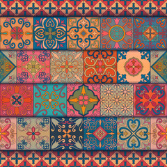 Seamless pattern with portuguese tiles in talavera style. Azulejo, moroccan, mexican ornaments.