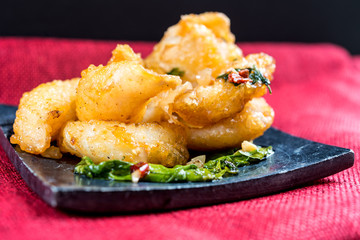 Thai food fried squid on a plate