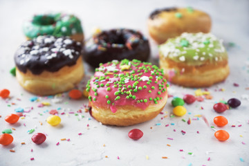 delicious homemade donuts on white background. Delicious breakfast,  selective focus