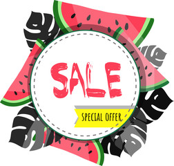 Sale. Special offer. Summer Tropical vector background. Monstera leaves. Watermelon.
