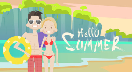 Obraz na płótnie Canvas Couple On Beach Hello Summer Vacation Tropical Seaside Ocean View Flat Vector Illustration