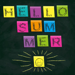"Hello summer". Inscription on color sticky paper . Chalkboard background.