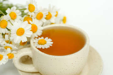 cup of herbal chamomile tea with camomile dry blossoms, dried camomile flowers. doctor treatment and prevention of immune concept, medicine - folk, alternative, complementary, traditional medicine