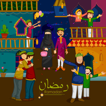 Muslim families wishing Eid Mubarak,Happy Eid on Ramadan