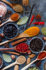 Various indian spices in wooden spoons and metal bowls, herbs and nuts on dark stone table. Colorful spices, top view. Healthy food background