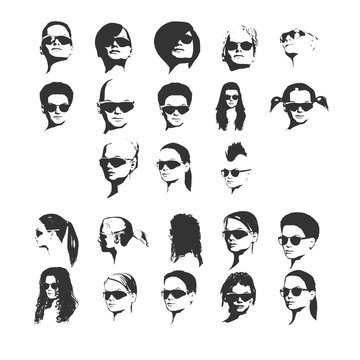 Big vector set of different women app icons in sunglasses in flat style. Female faces or heads images.