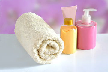 Natural Cosmetic products for skin care and terry cotton towel
