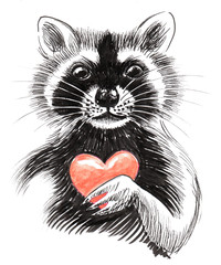 Raccoon holding a heart