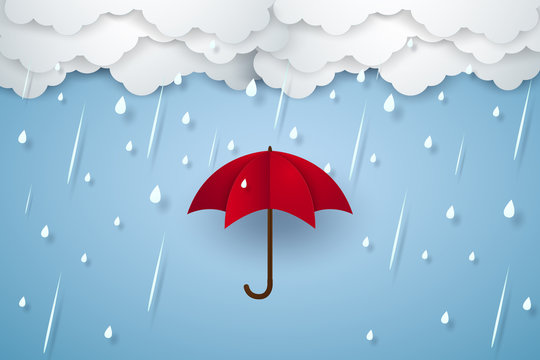 Umbrella with heavy rain , rainy season , paper art style