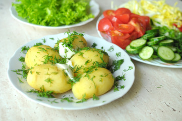 Fresh organic vegetables and boiled new potatoes on the plates