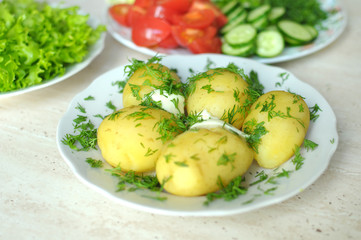 Fresh organic vegetables and boiled new potatoes on the plates