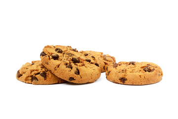 Cookies with chocolate pieces isolated on white background