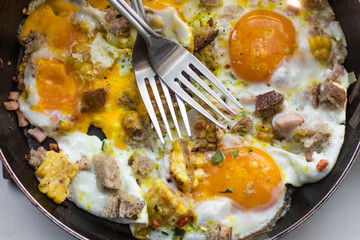  Fried eggs with sausage, corn, breadcrumbs and others - breakfast