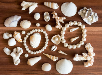 Different size and shape shells and pearls spread across a wooden background