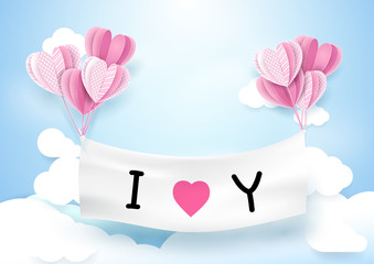 Heart shape balloons hanging with banner. Love concept background