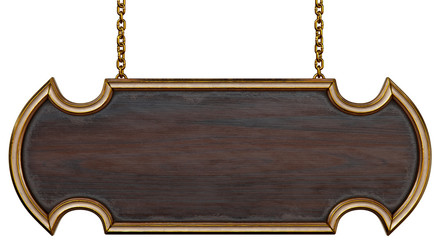 Wooden signboard with chain. Isolated on white background. 3d rendering.