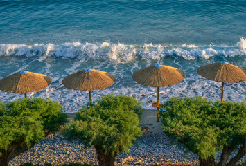View of a quiet pebble beach with sea trees and sun umbrellas a summer evening.