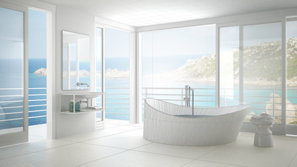 Fototapeta na wymiar Unfinished project of minimalist bathroom with big window, sketch abstract interior design
