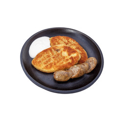 Fried sausages and potato-fried pancakes.