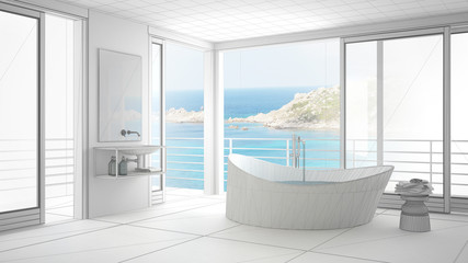 Unfinished project of minimalist bathroom with big window, sketch abstract interior design