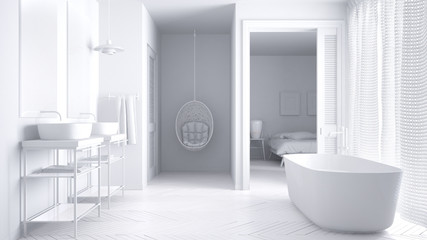 Total white minimalist scandinavian bathroom with bedroom in background, classic interior design