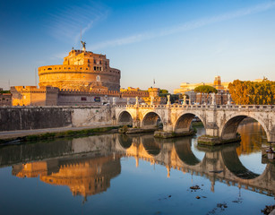Holy Angel Castle at sunset, Rome, Italy, Europe. Rome ancient tomb of emperor Hadrian. Rome Holy Angel Castle (Castel sant'Angelo) is one fo the best known landmark of Rome and Italy. - 159203309