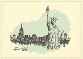 Vintage postcard with sketch of the statue of liberty and the panorama of new York © Katsiar