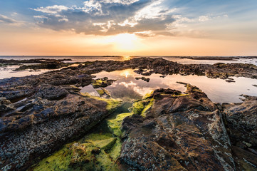 Beautiful seascape. Sunset over the sea rock and shore. A thin orange line at the horizon and the blue sky background and moss on rock foreground with the sunlight reflection on the water - wide angle