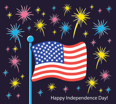 United States of America flag with fireworks. USA Independence Day card. 