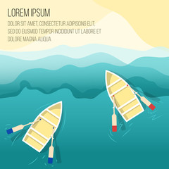 Boat on beach Vector illustration Two wooden rowing boats are drifting on the sea shore on the waves Top view © Picture Store