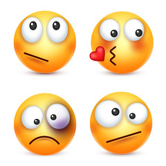 Smiley,emoticons set. Yellow face with emotions. Facial expression. 3d realistic emoji. Funny cartoon character.Mood. Web icon. Vector illustration.