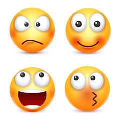 Smiley,emoticons set. Yellow face with emotions. Facial expression. 3d realistic emoji. Funny cartoon character.Mood. Web icon. Vector illustration.