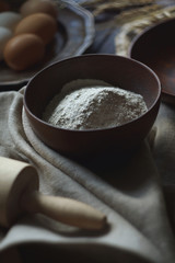 Ingredients for home-made raw noodles, Rustic, Selective Focus, Atmospheric dark tone